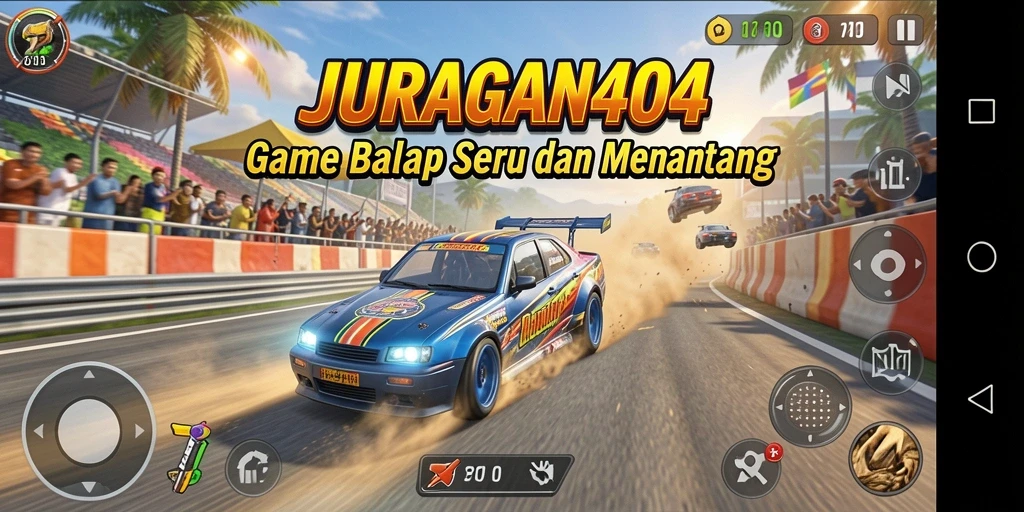 Tangkapan layar utama menunjukkan gameplay balap yang mendebarkan di JURAGAN404.
