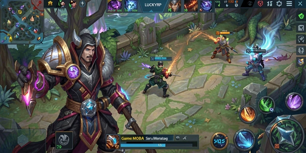 Tangkapan layar gameplay <strong>LUCKYRP</strong> menunjukkan pertarungan epik di arena MOBA.