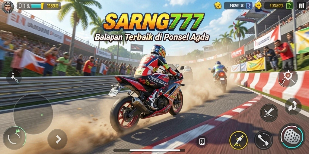 Screenshot gameplay SARANG777 menampilkan balapan motor yang menegangkan.