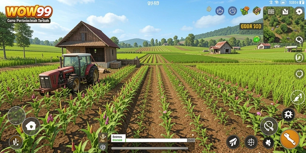 Screenshot gameplay WOW99 menampilkan ladang yang luas dan tanaman subur.